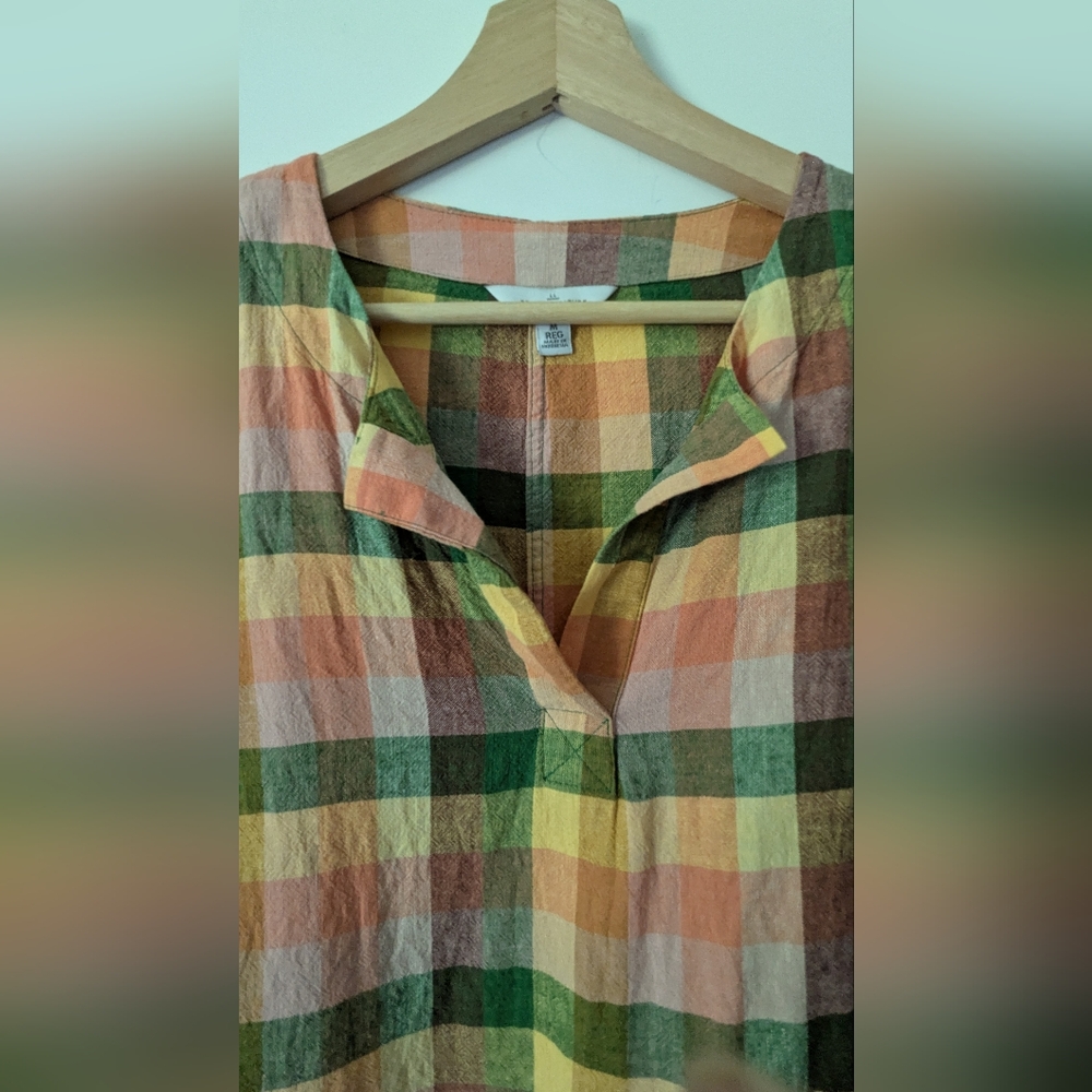 L.L. Bean Signature Medium Linen Blend Splitneck Shirt, "Beeswax" Plaid - Picture 3 of 12